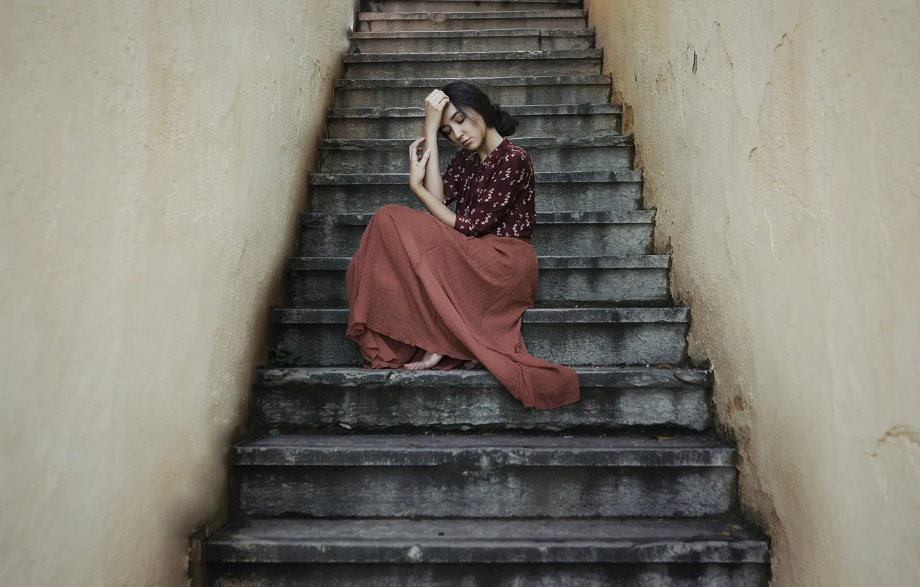 Photo wallpaper girl, pose, ladder