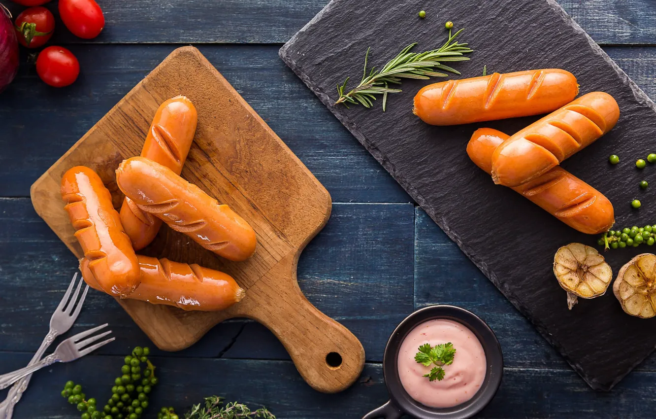 Photo wallpaper Board, sausage, sauce, spices