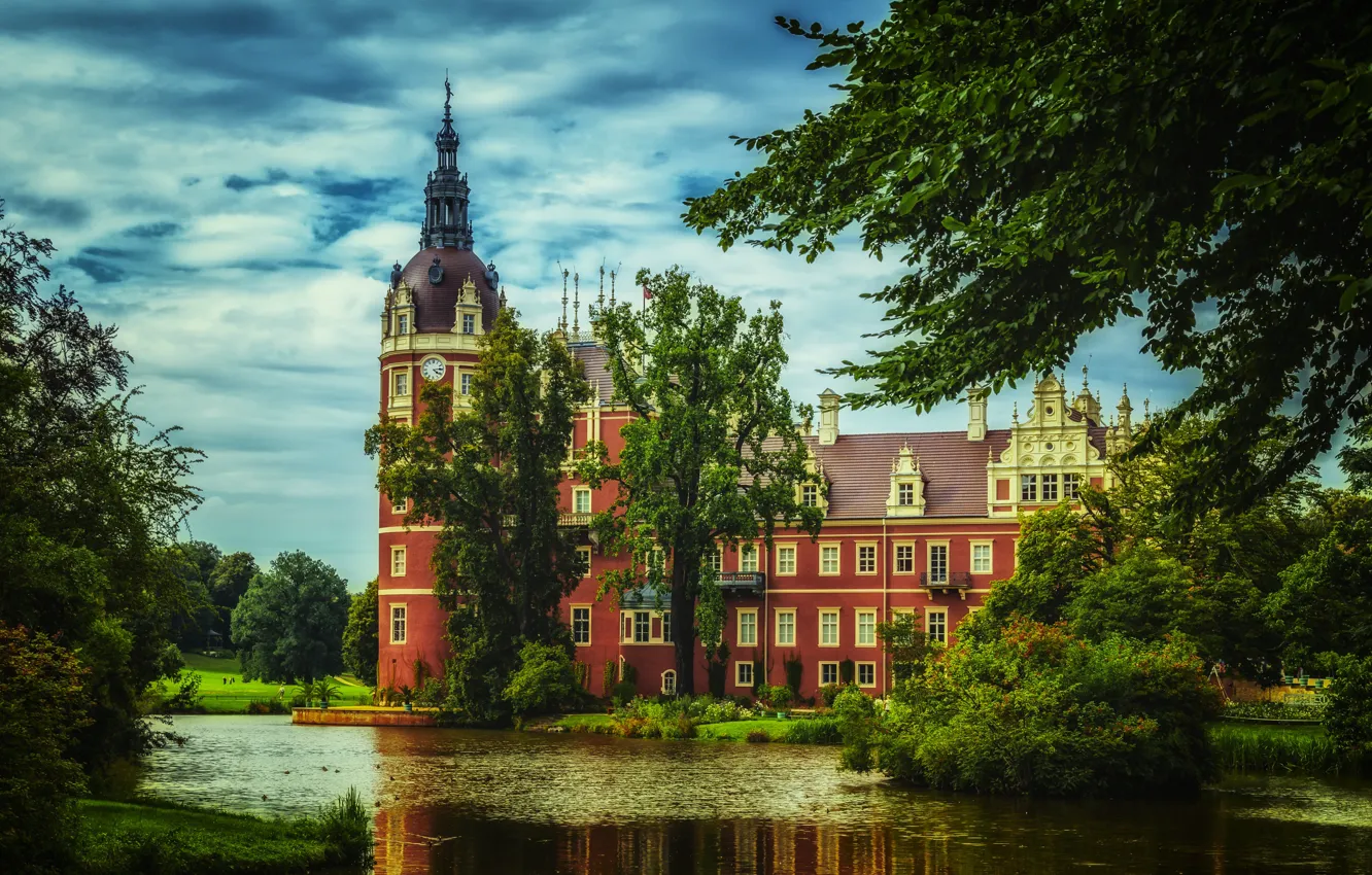 Photo wallpaper trees, nature, Germany, clouds, lake, castle, The Castle Of Muskau