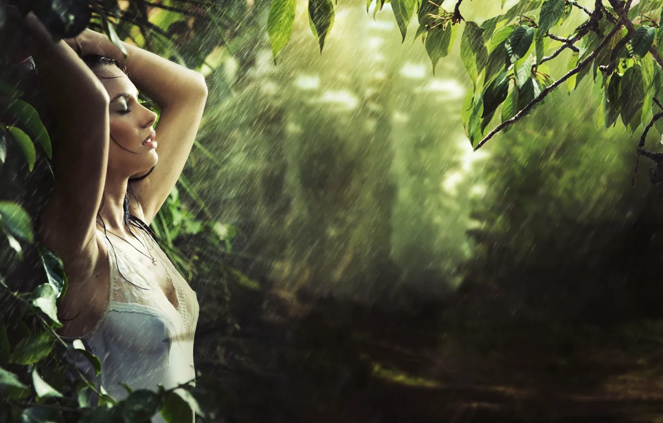 Photo wallpaper girl, wet, rain, drops, foliage