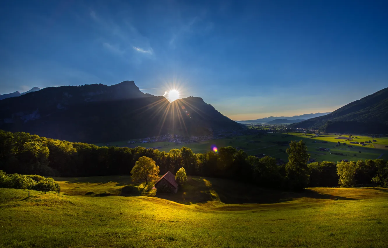 Photo wallpaper trees, sunset, mountains, Switzerland, village, Alps, Switzerland, Alps