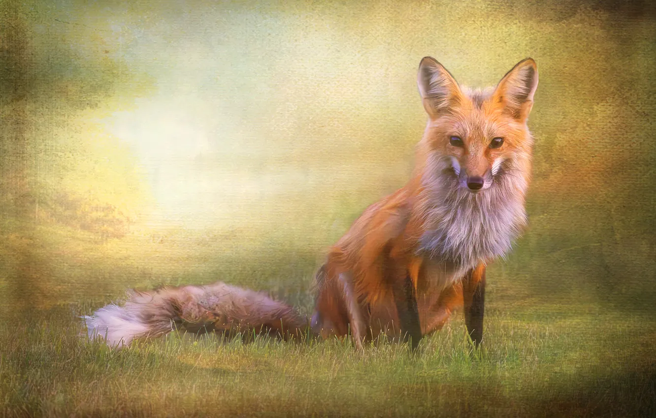 Photo wallpaper grass, look, glade, treatment, texture, Fox, red, face