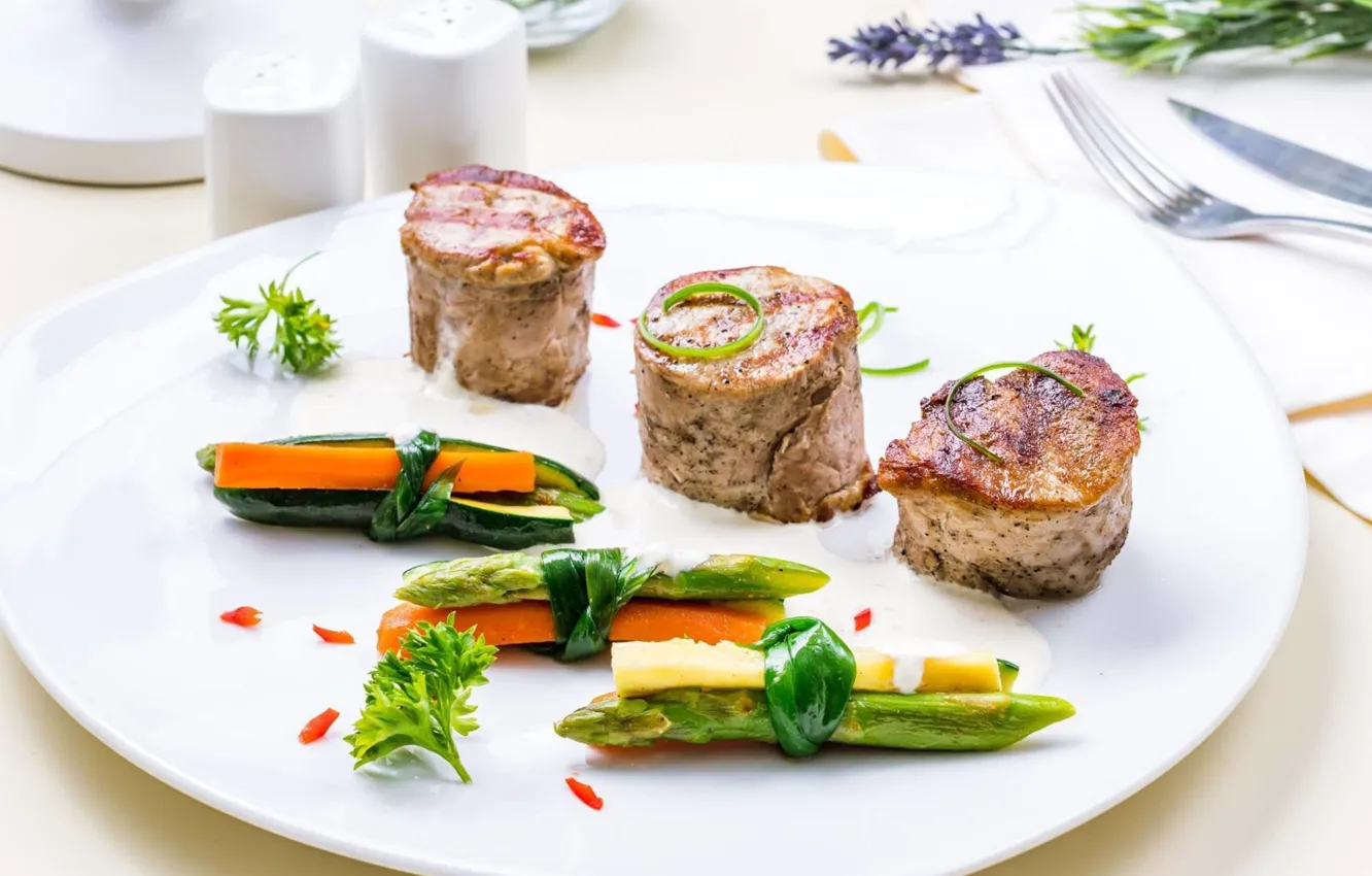Photo wallpaper meat, vegetables, carrots, submission, asparagus