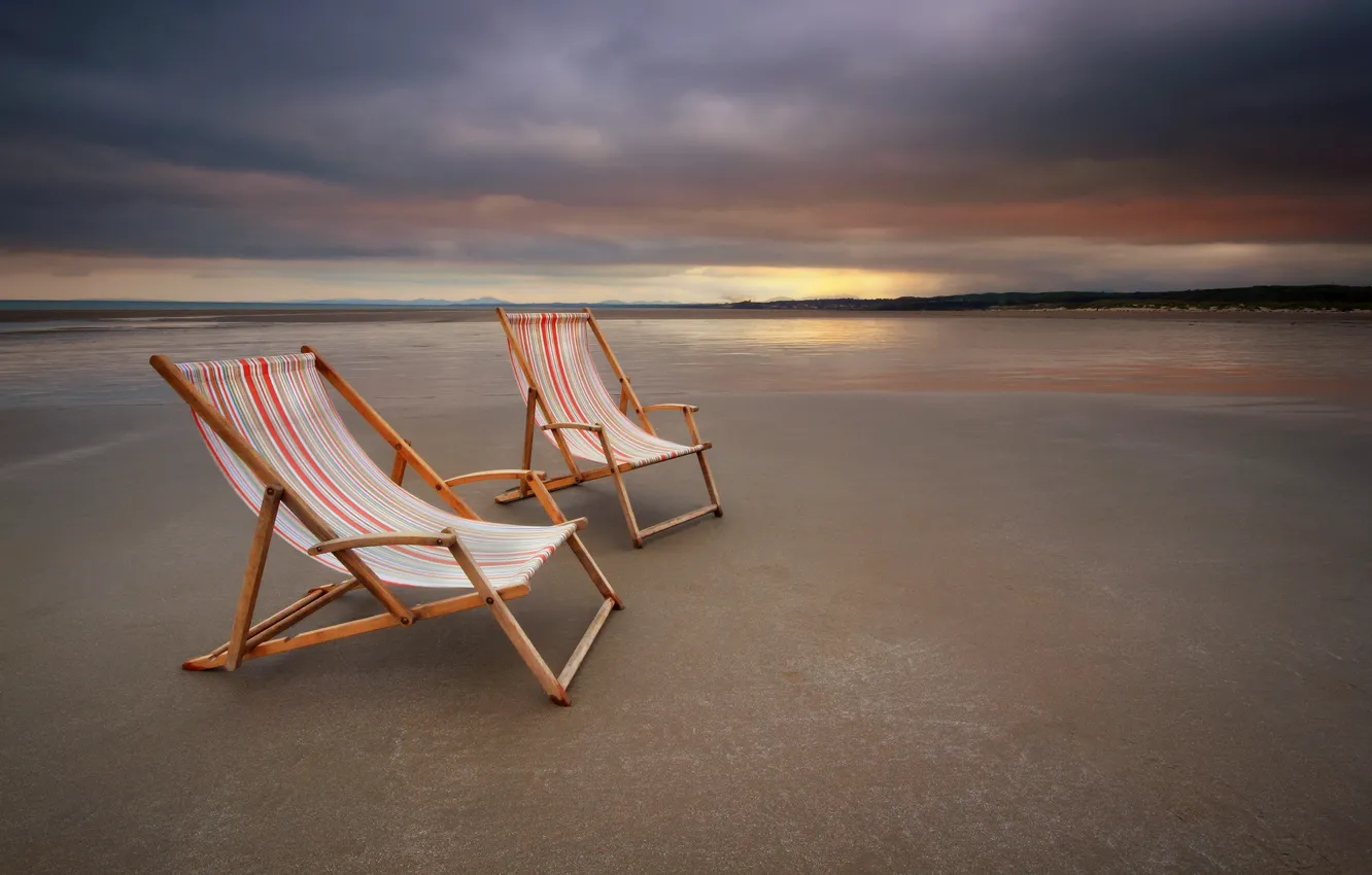 Photo wallpaper sea, landscape, sunset, chairs