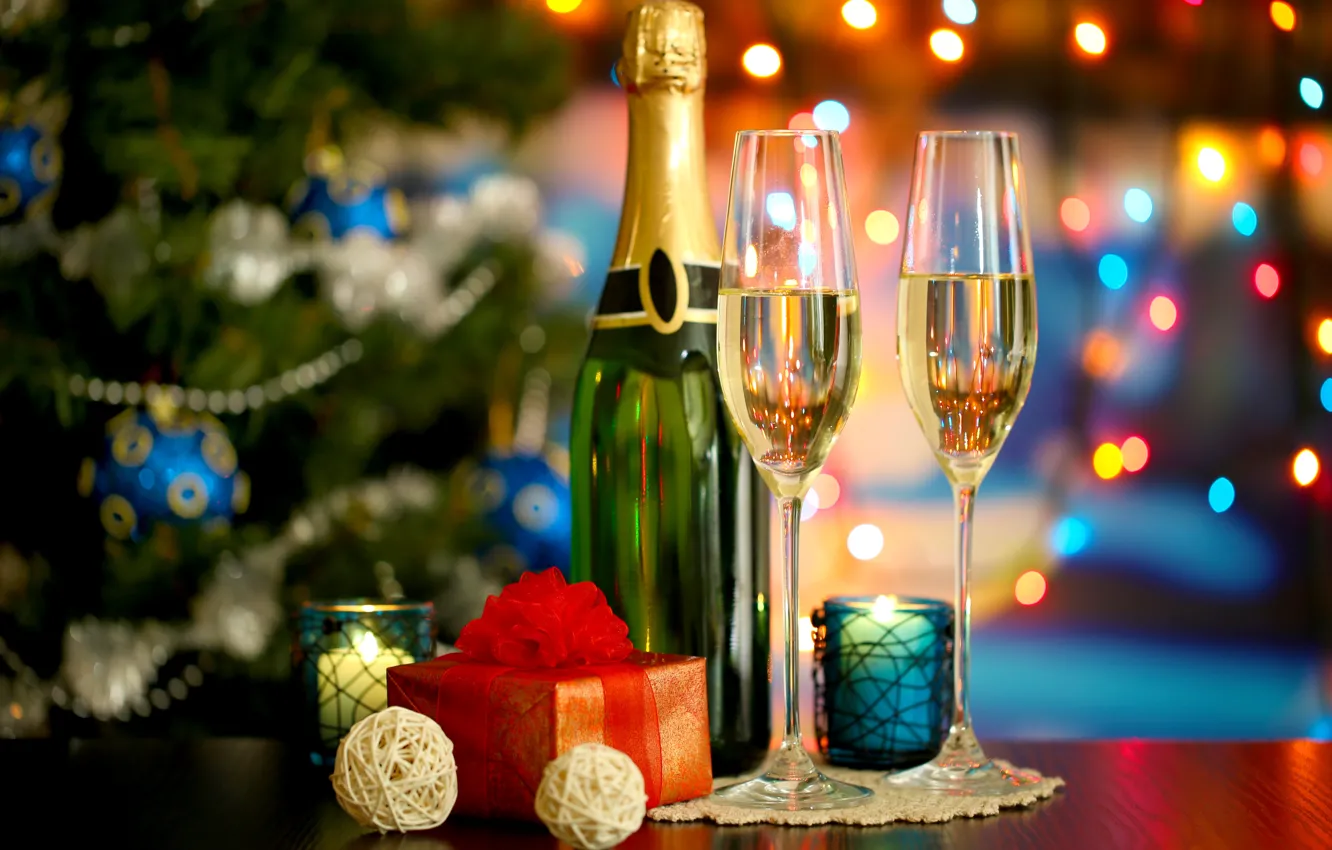 Photo wallpaper lights, holiday, gift, glass, tree, new year, Christmas, champagne