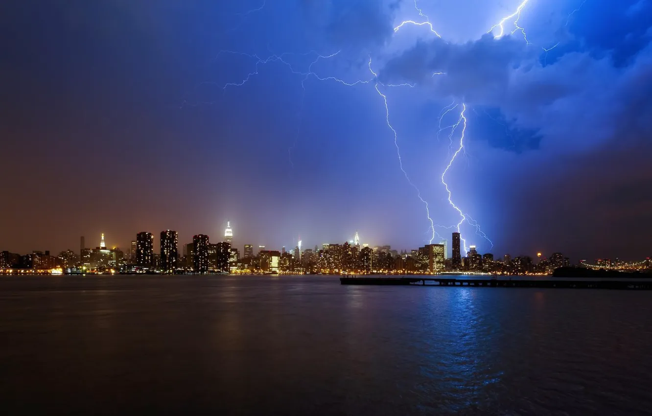 Photo wallpaper city, lights, USA, storm, river, sky, Lightning, photo