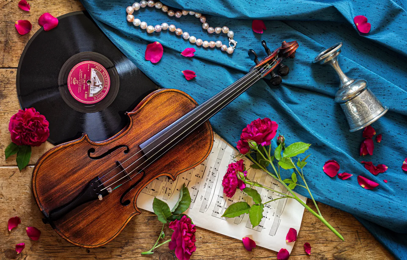 Photo wallpaper notes, violin, roses, vinyl