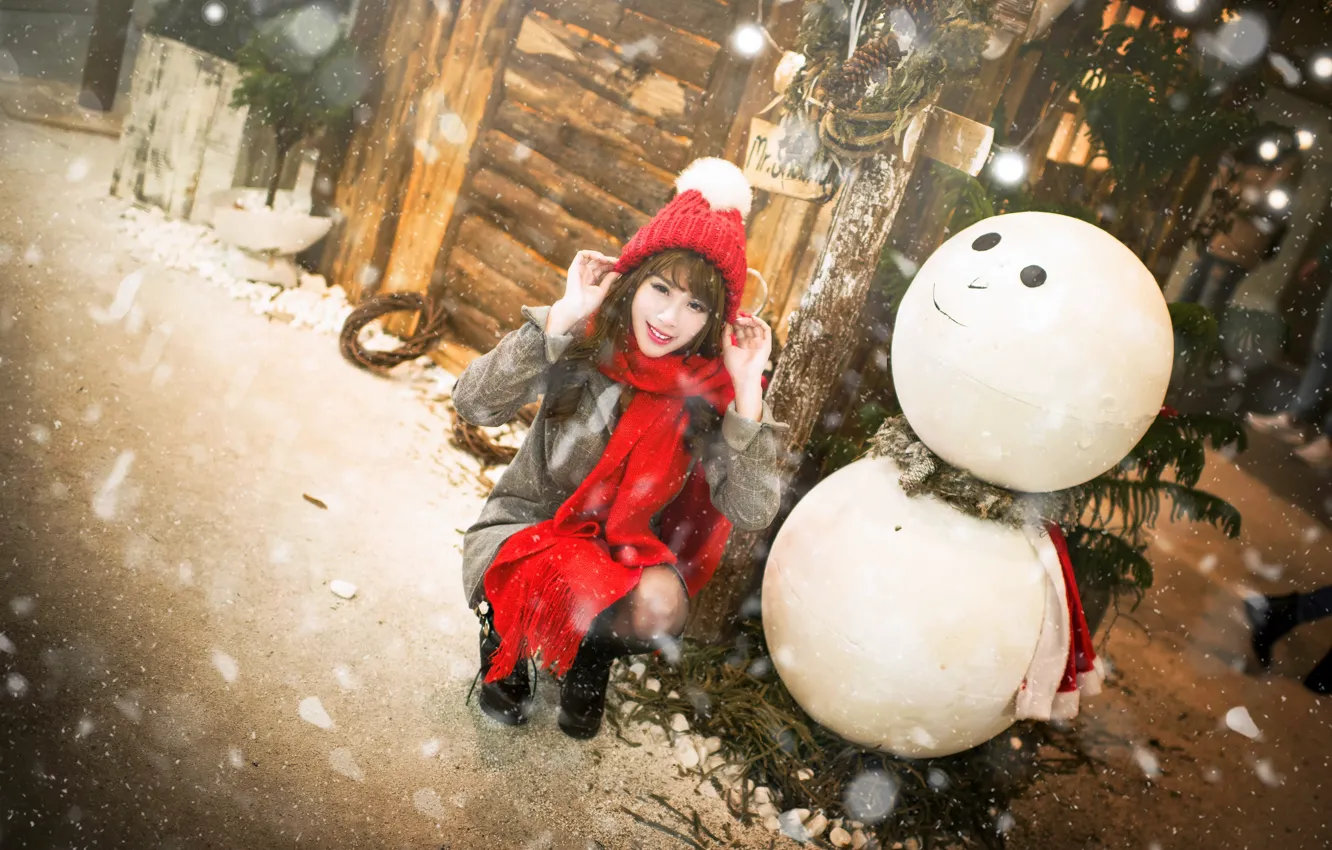 Photo wallpaper girl, snow, holiday, Christmas, New year, snowman, Asian