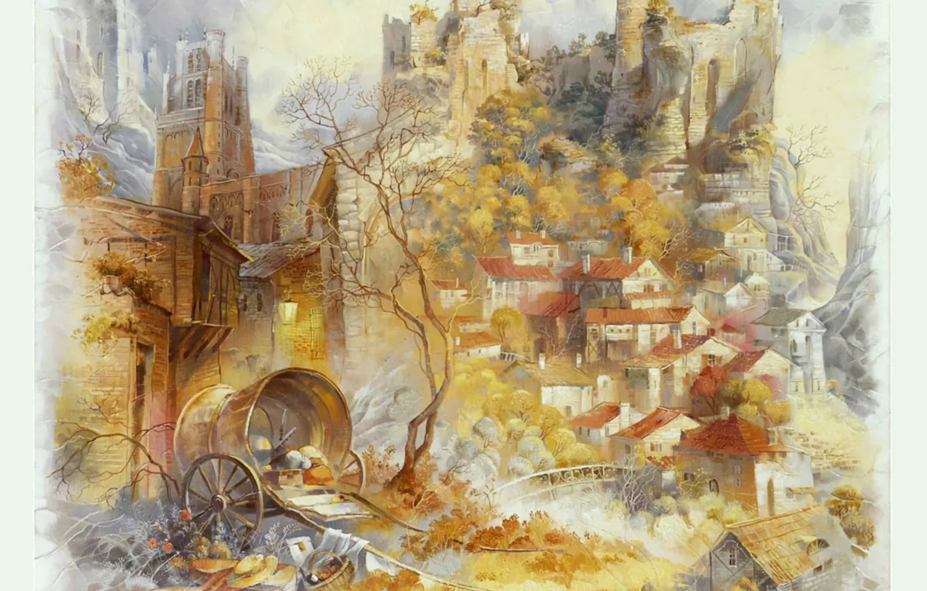 Photo wallpaper roof, autumn, trees, the city, home, lights, Cathedral, fortress