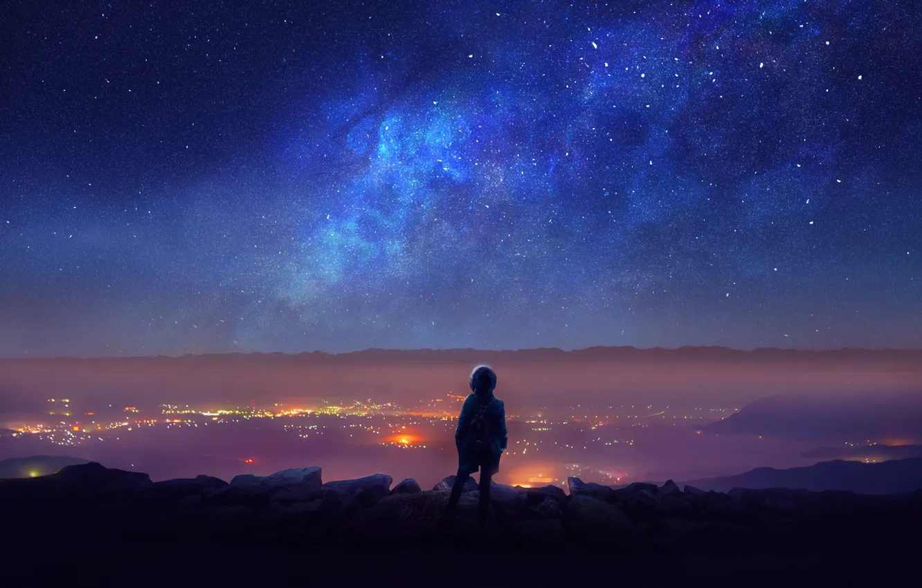 Photo wallpaper The sky, Girl, Lights, Night, The city, Stars, People, Space