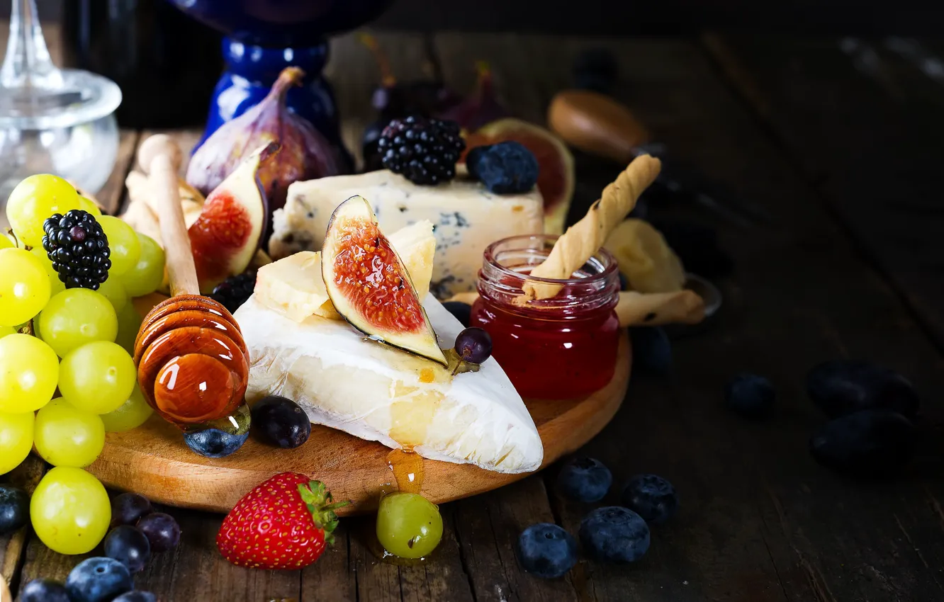 Photo wallpaper cheese, strawberry, honey, grapes, BlackBerry, blueberries, figs