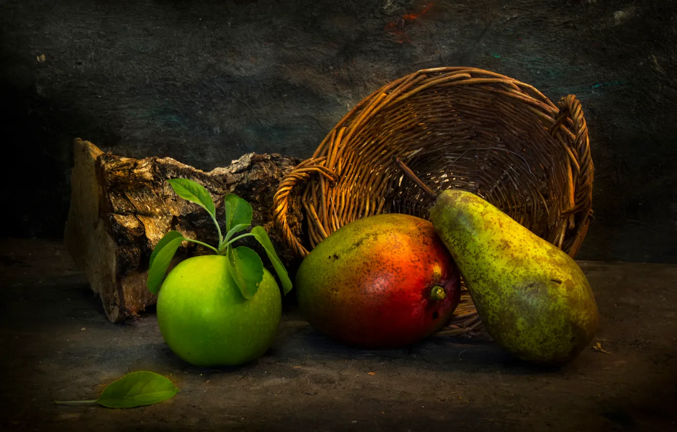 Photo wallpaper basket, fruit, log, To everything there is a season
