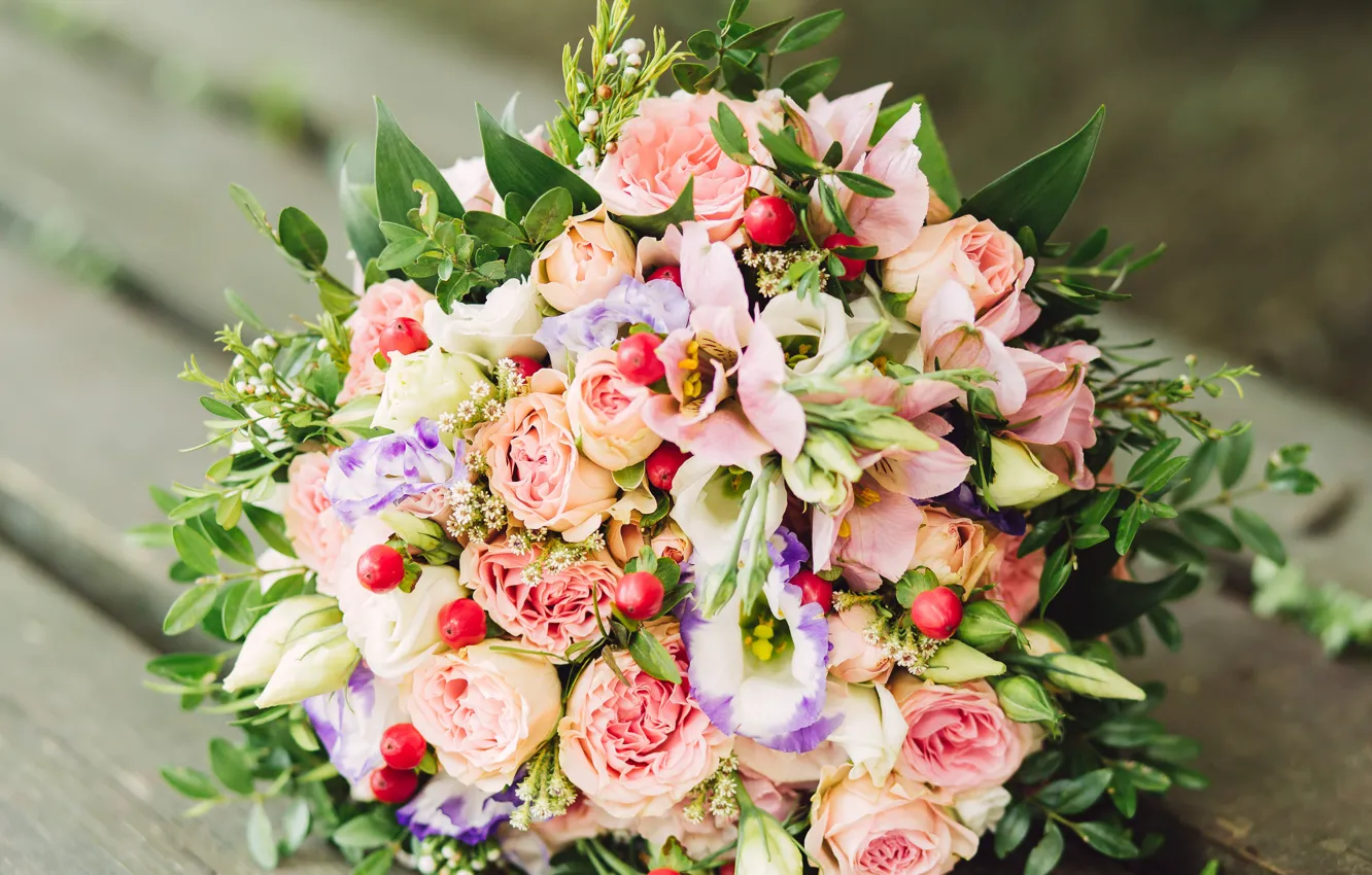 Photo wallpaper flowers, rose, bouquet, eustoma