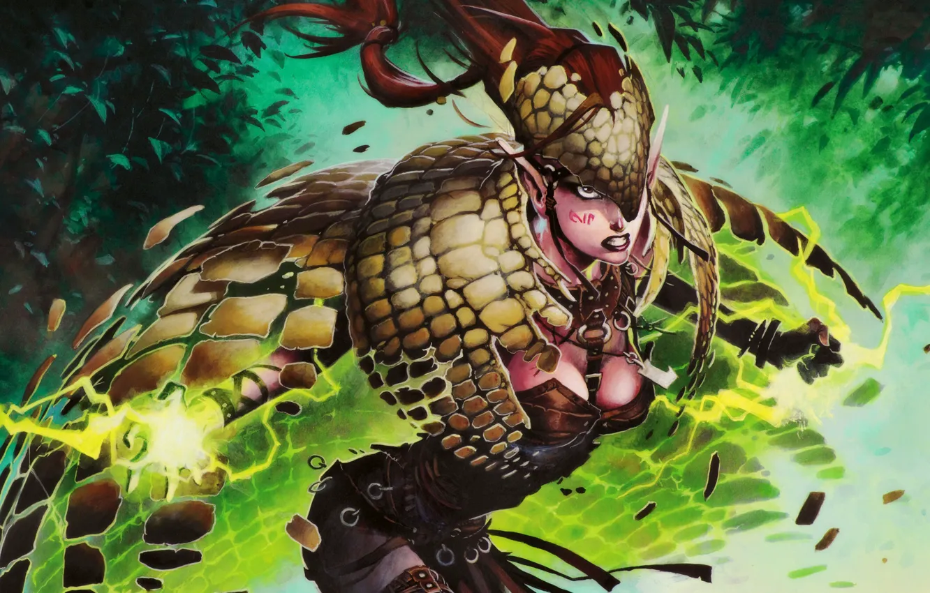 Photo wallpaper forest, girl, fragments, magic, attack, lightning, elf, flash