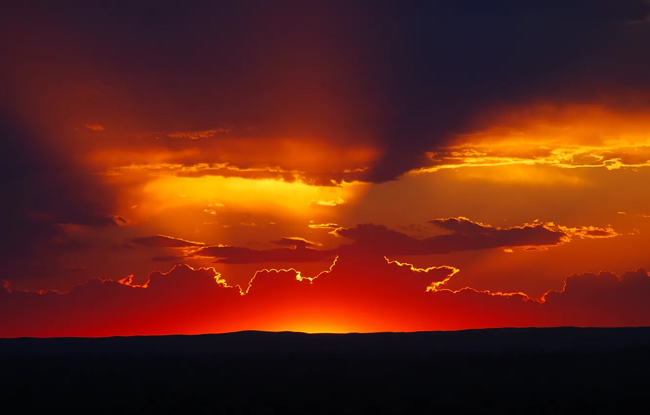 Photo wallpaper the sun, clouds, sunset, mountains, silhouette, orange sky
