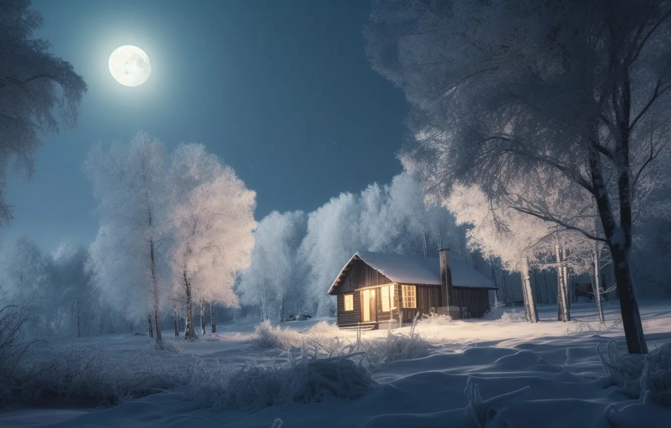 Photo wallpaper winter, forest, snow, night, new year, frost, Christmas, hut