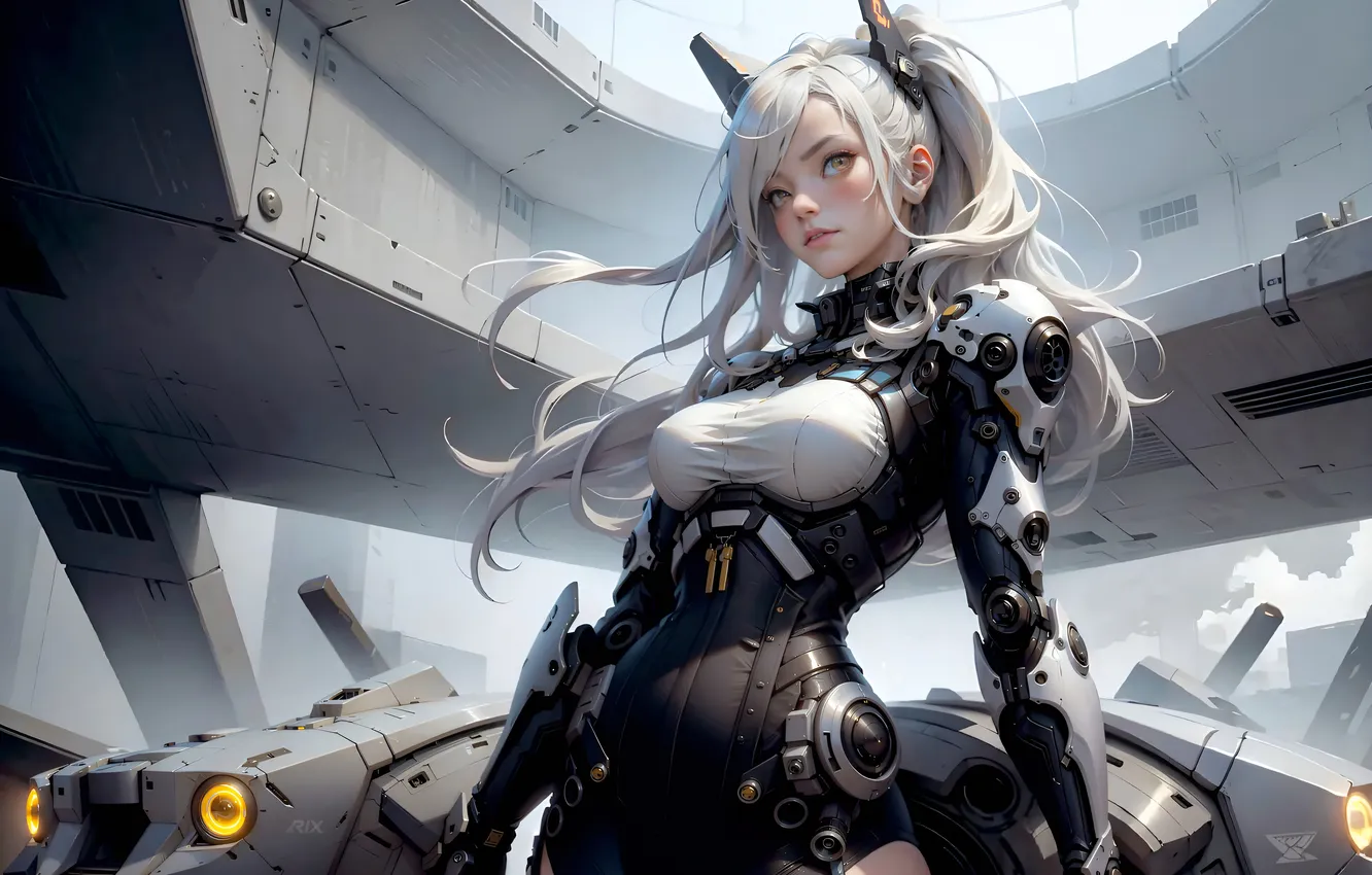 Photo wallpaper girl, cyberpunk, long hair, long hair, white hair, women, digital art, environment