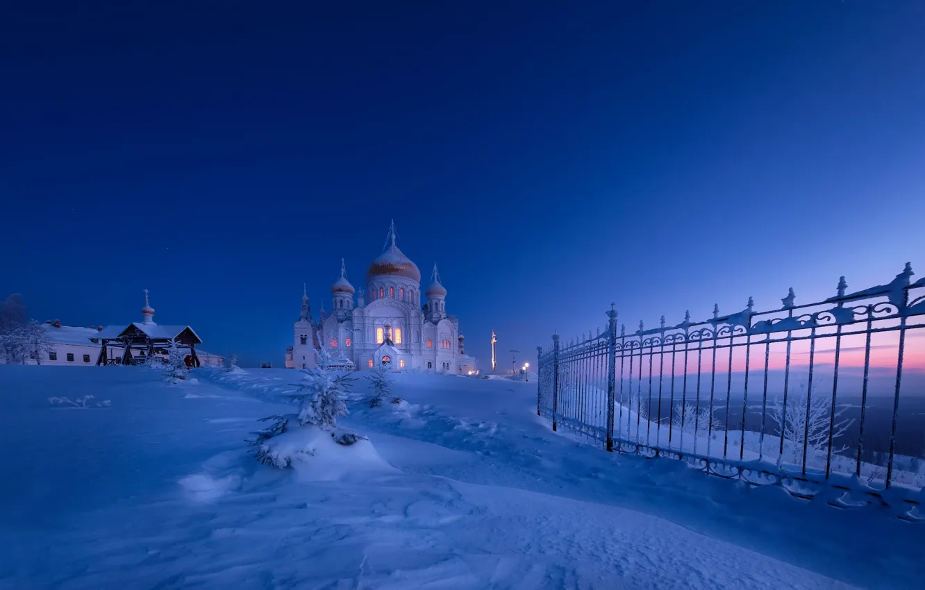 Photo wallpaper winter, snow, sunset, the fence, temple, Russia, path, Perm Krai