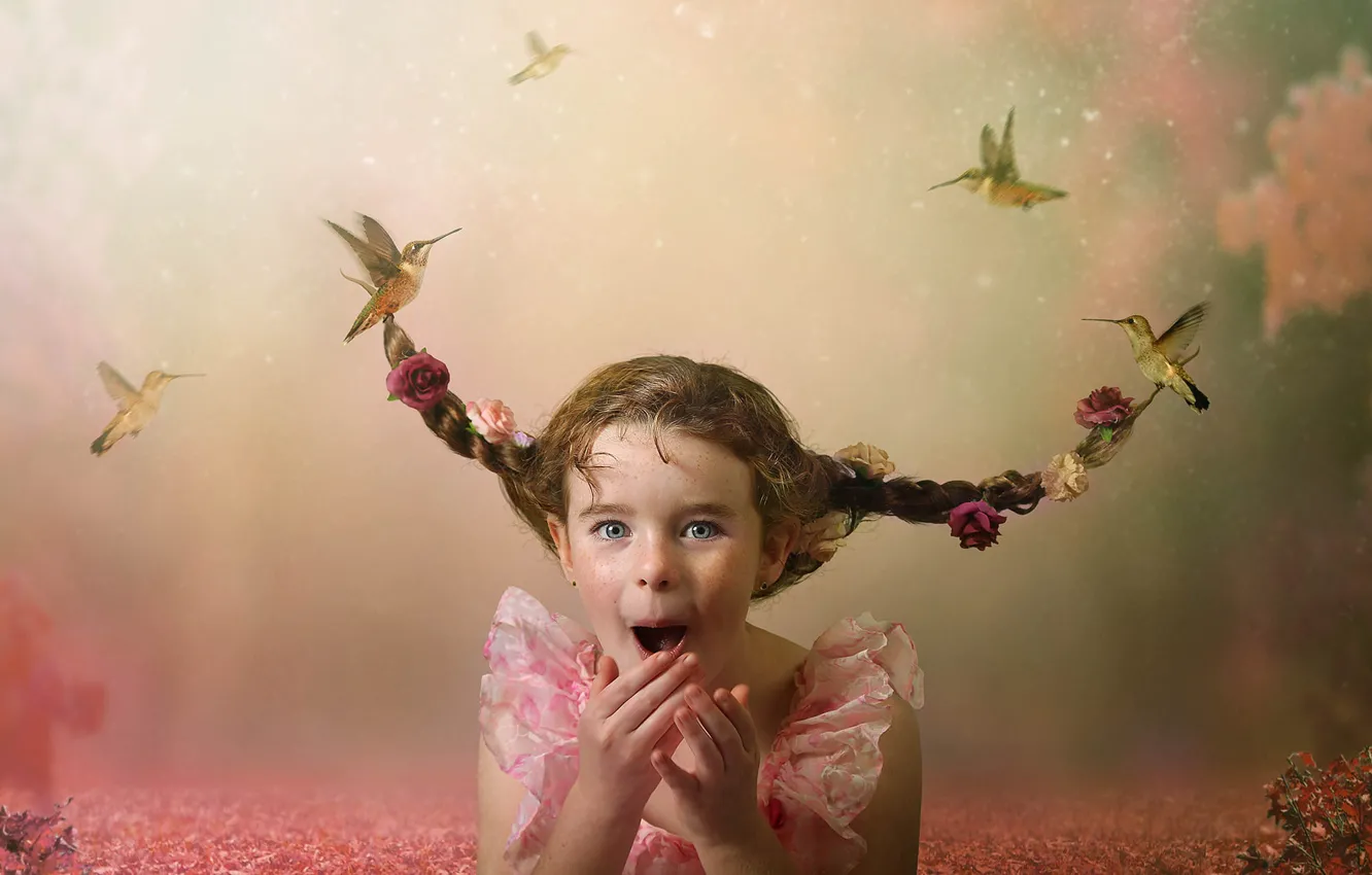 Photo wallpaper emotions, bird, portrait, Hummingbird, girl, braids, Tracy Lundgren