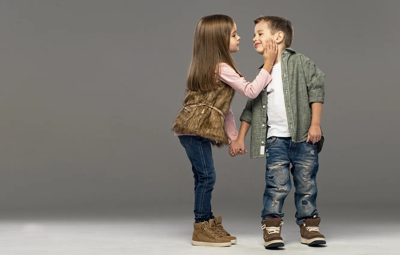 Photo wallpaper happiness, children, pose, jeans, boy, girl, hands