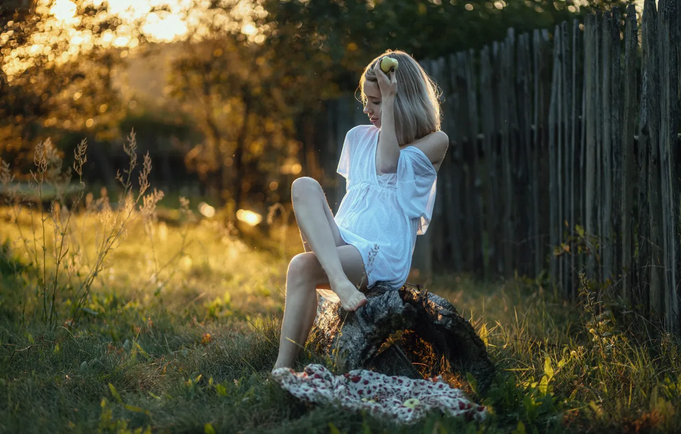 Photo wallpaper summer, grass, girl, nature, pose, the fence, barefoot, dress