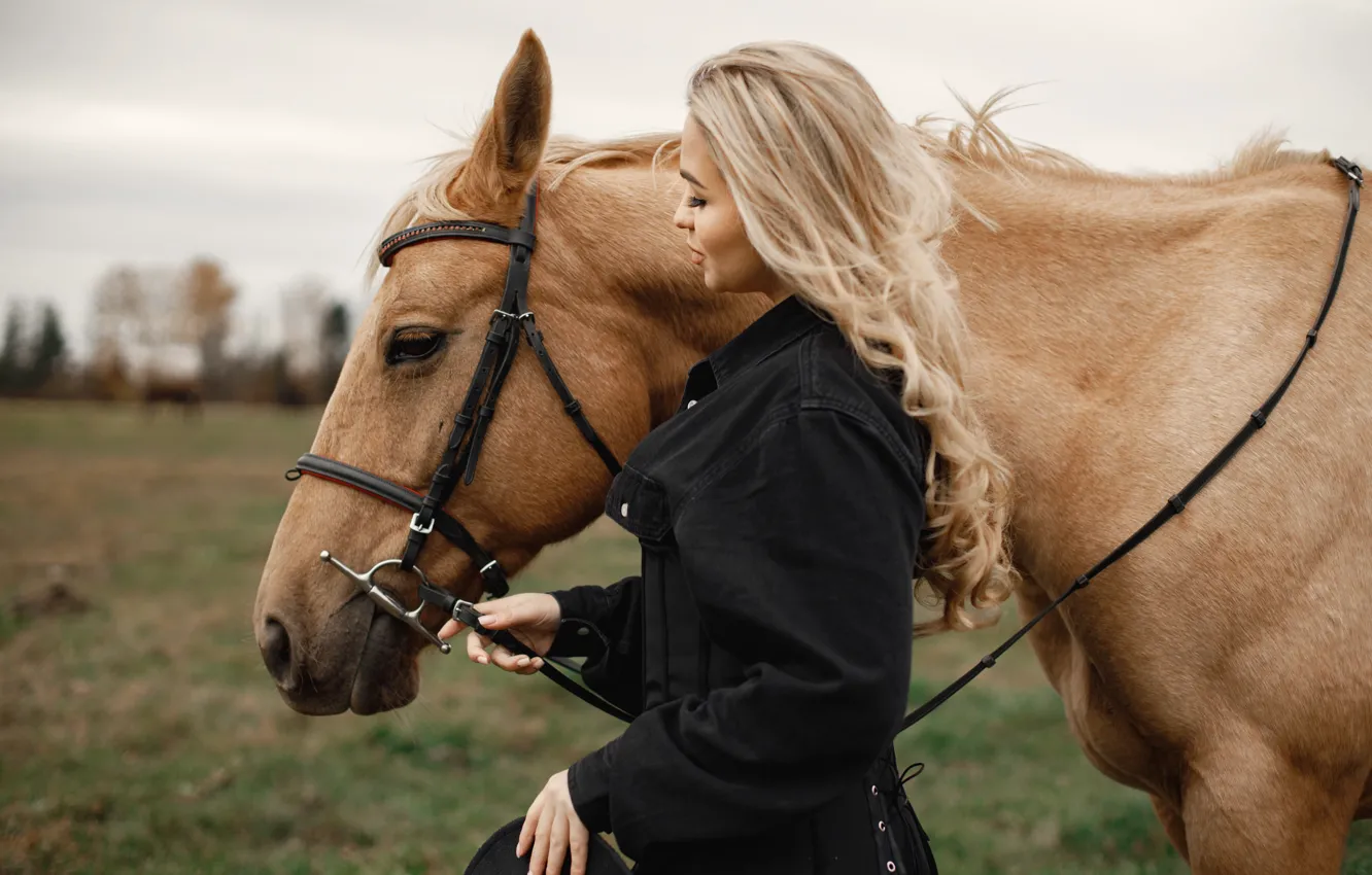 Photo wallpaper look, girl, nature, pose, horse, horse, jacket, blonde