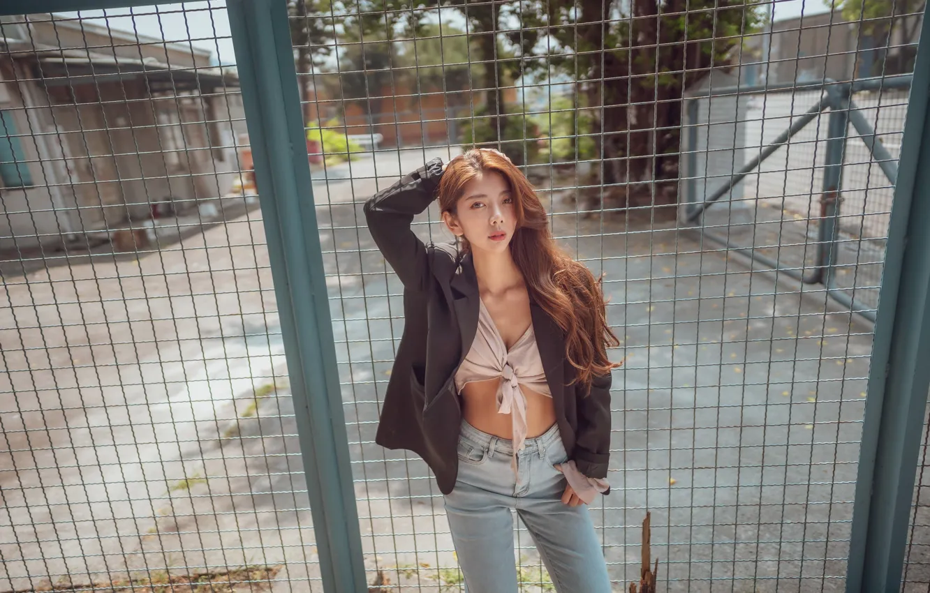 Photo wallpaper girl, face, background, model, hair, the fence, Asian