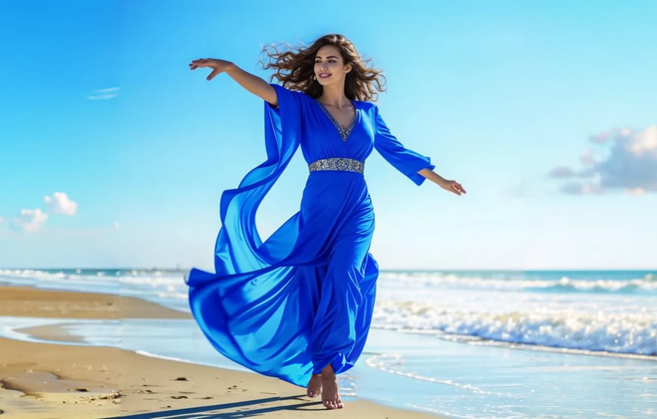 Photo wallpaper sand, sea, the sky, girl, the sun, nature, shore, beauty