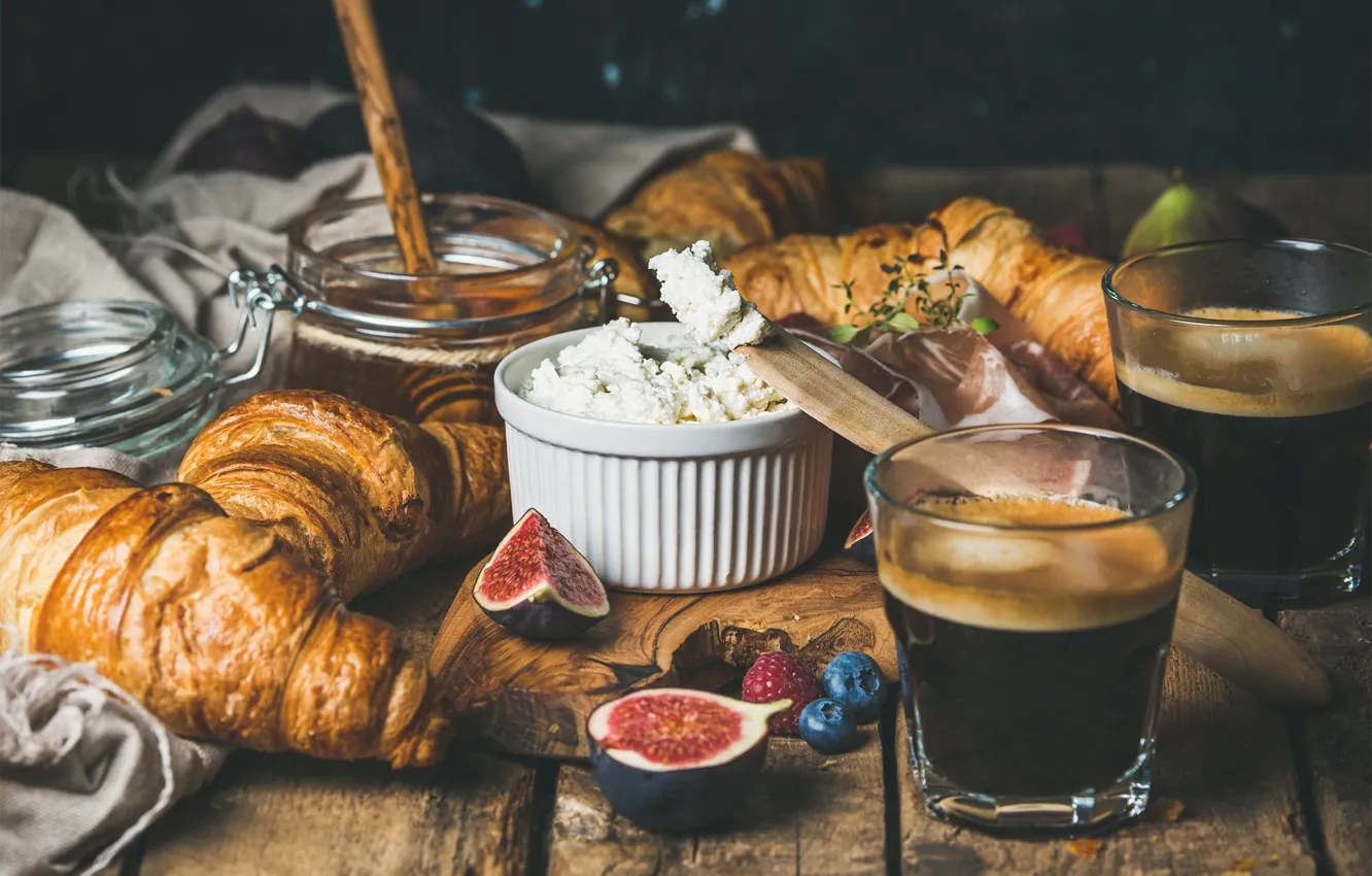 Photo wallpaper coffee, food, Breakfast, honey, croissants, figs, Natasha Breen