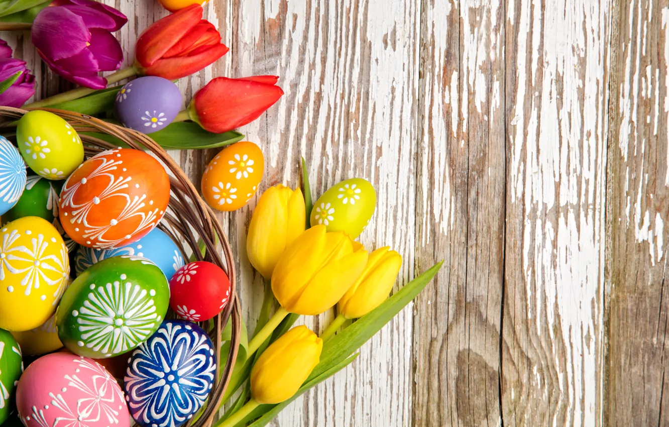 Photo wallpaper colorful, Easter, tulips, happy, wood, flowers, tulips, spring