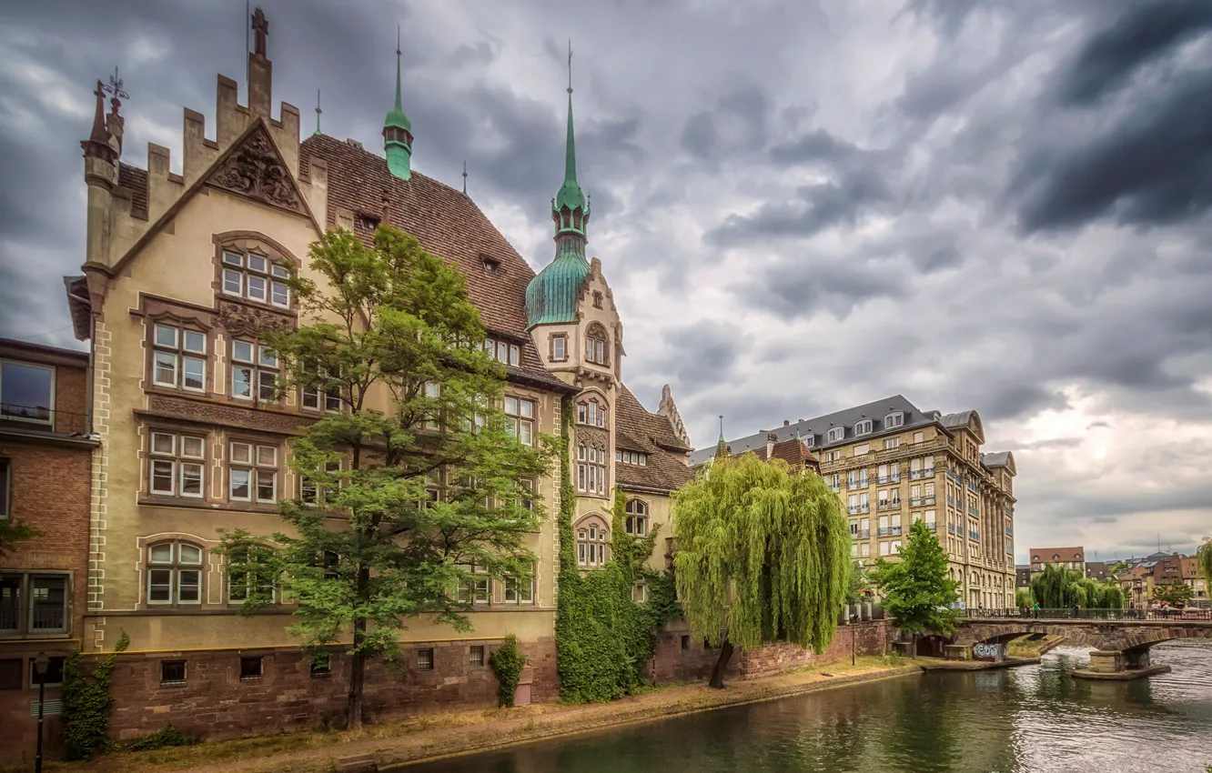 Photo wallpaper the sky, clouds, trees, clouds, bridge, France, home, channel
