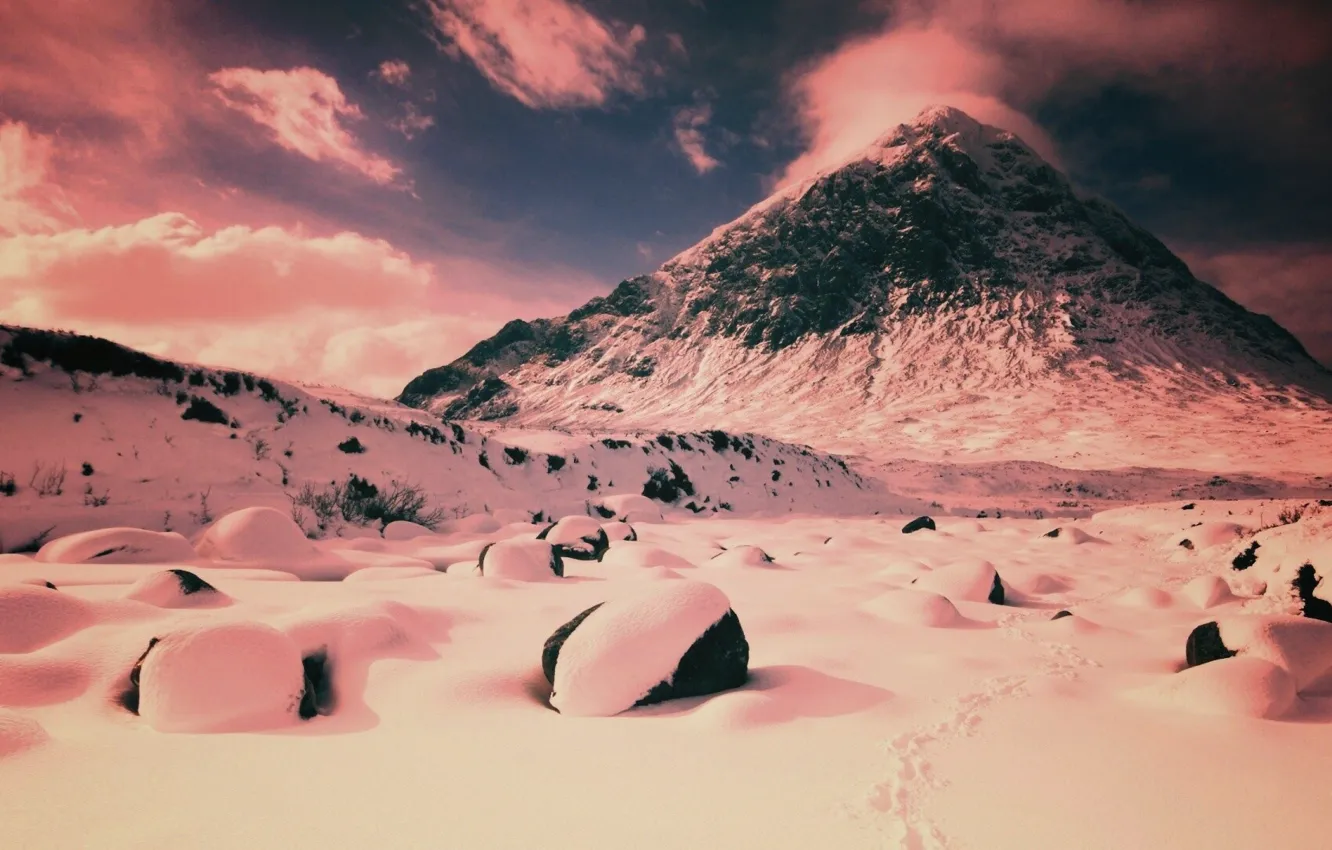Photo wallpaper the snow, the dunes, stones, mountains, winter, snow