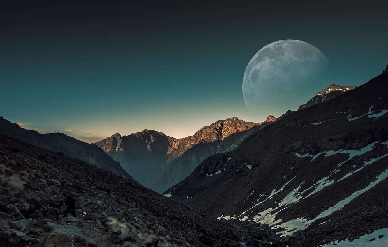 Photo wallpaper the sky, snow, mountains, stones, the moon, people, moon, sky
