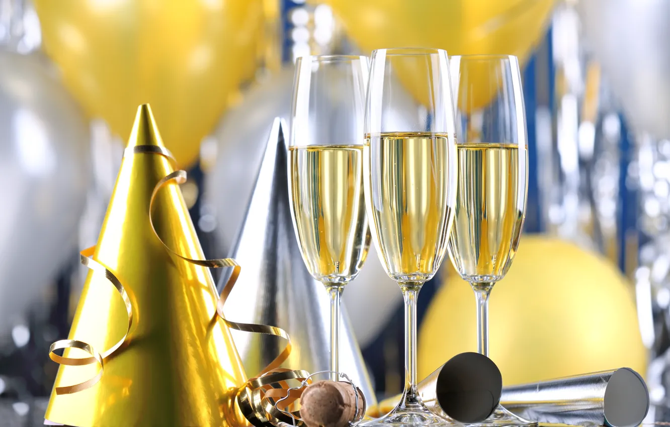 Photo wallpaper New Year, glasses, champagne, serpentine, New Year, celebration, holiday, Happy