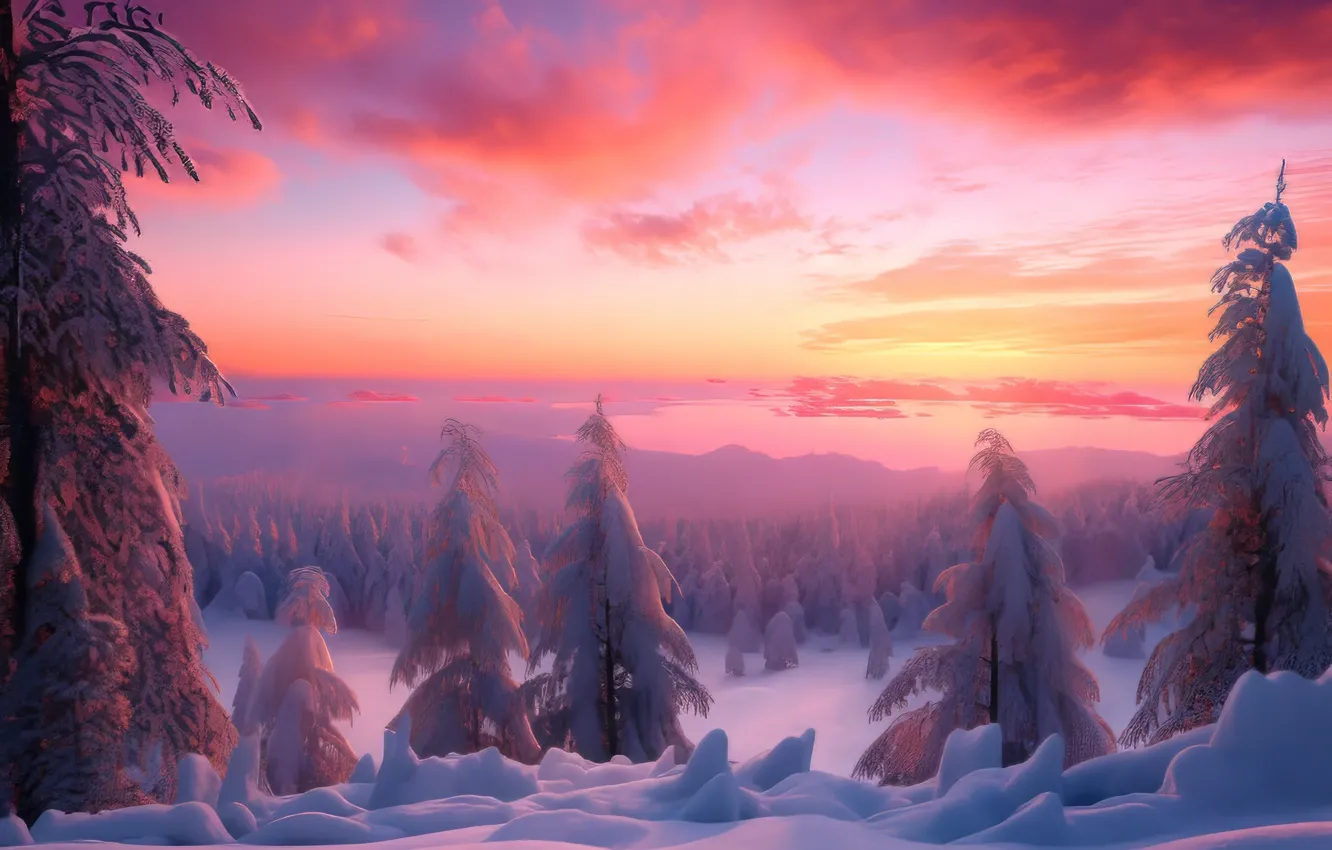 Photo wallpaper herringbone, morning, relief, the snow, pink sky, AI art, winter, snowy
