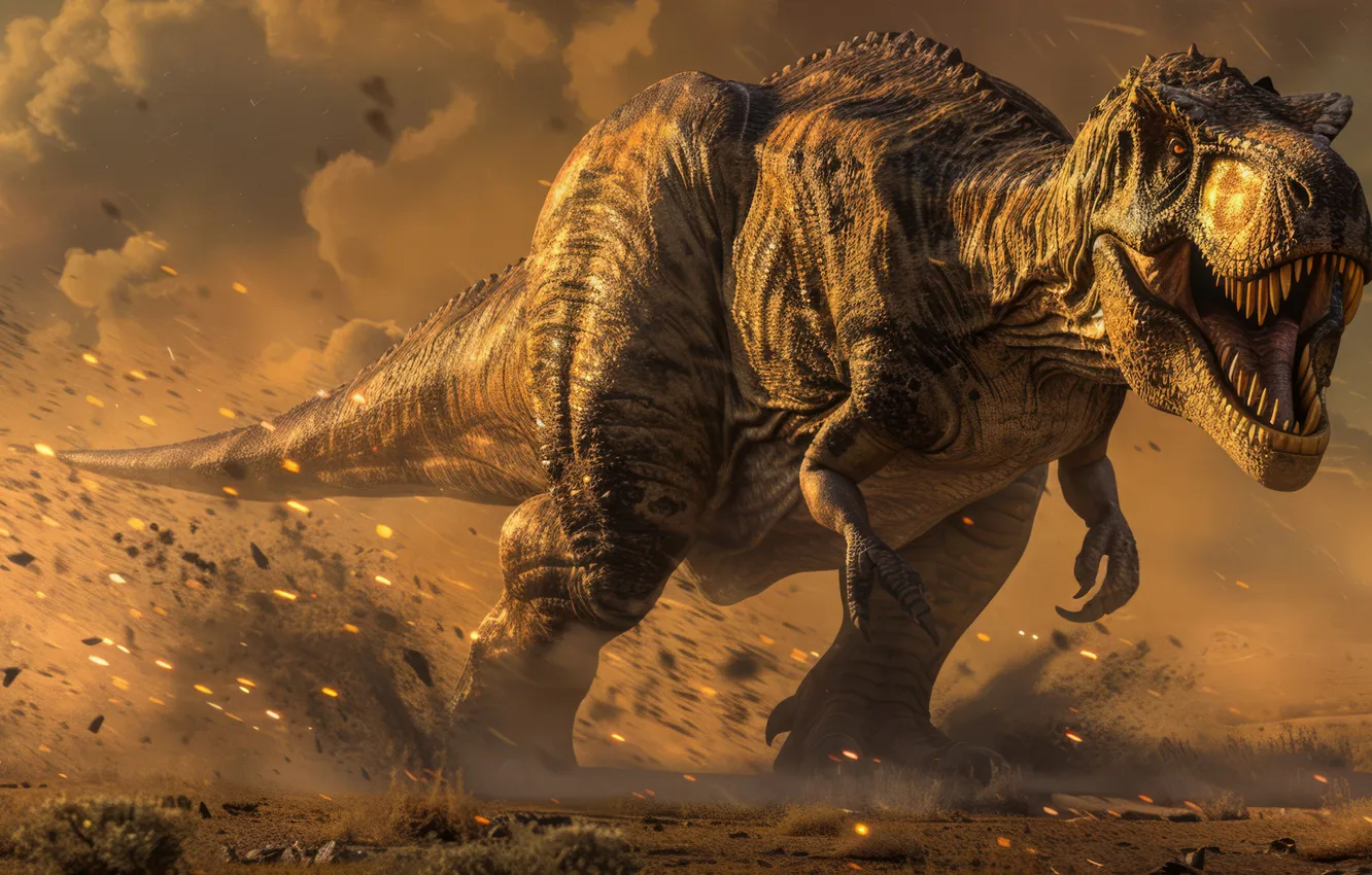 Photo wallpaper animal, dinosaur, predator, dust, grin, Tyrannosaurus, digital art, Tyrannosaurus Rex