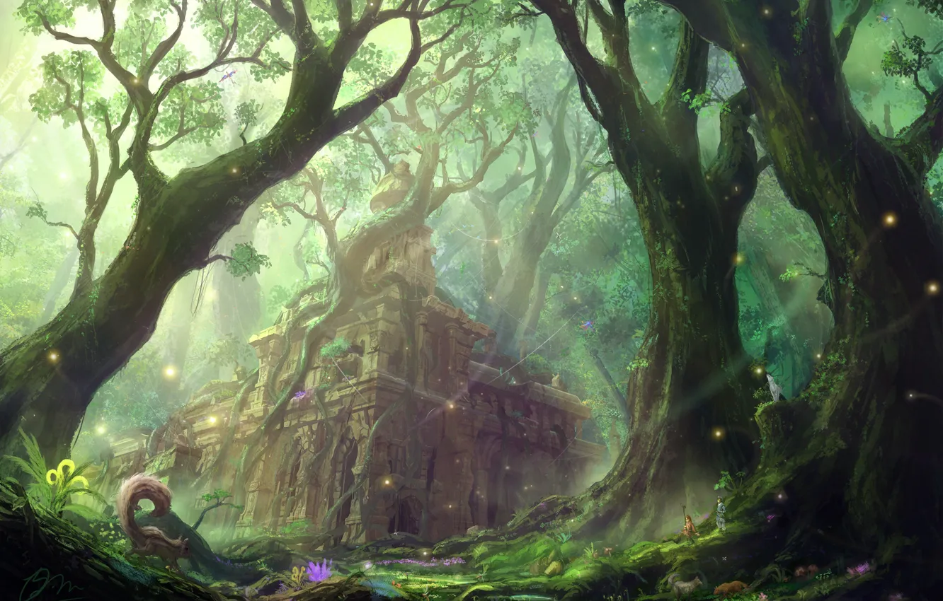 Photo wallpaper forest, castle, figure, protein, art, ruins, structure