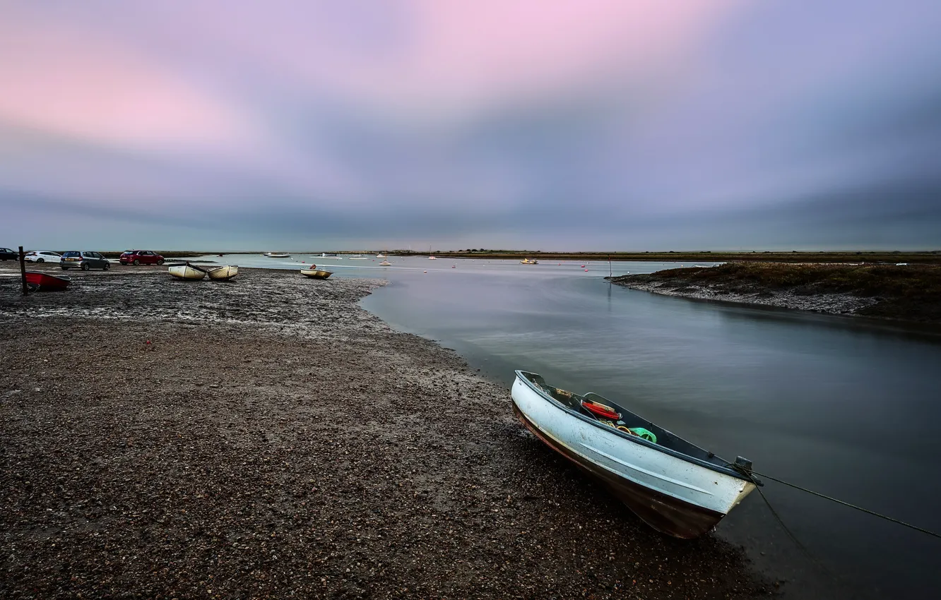 Photo wallpaper the sky, clouds, landscape, pebbles, river, shore, boat, the evening
