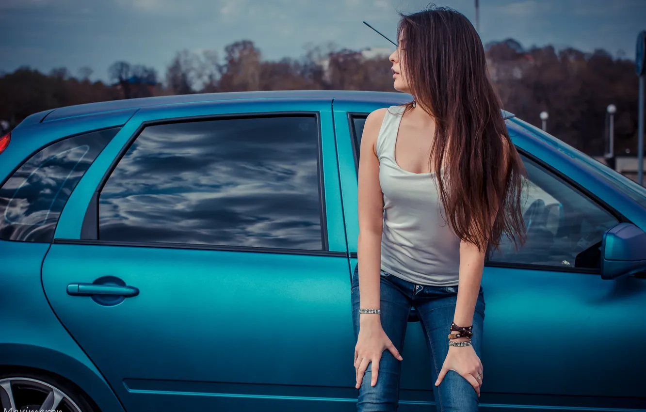 Photo wallpaper machine, auto, girl, brunette, girl, Lada, auto, VAZ