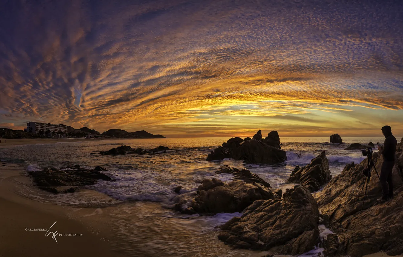 Photo wallpaper sea, the sky, sunset, stones, shore, Mexico