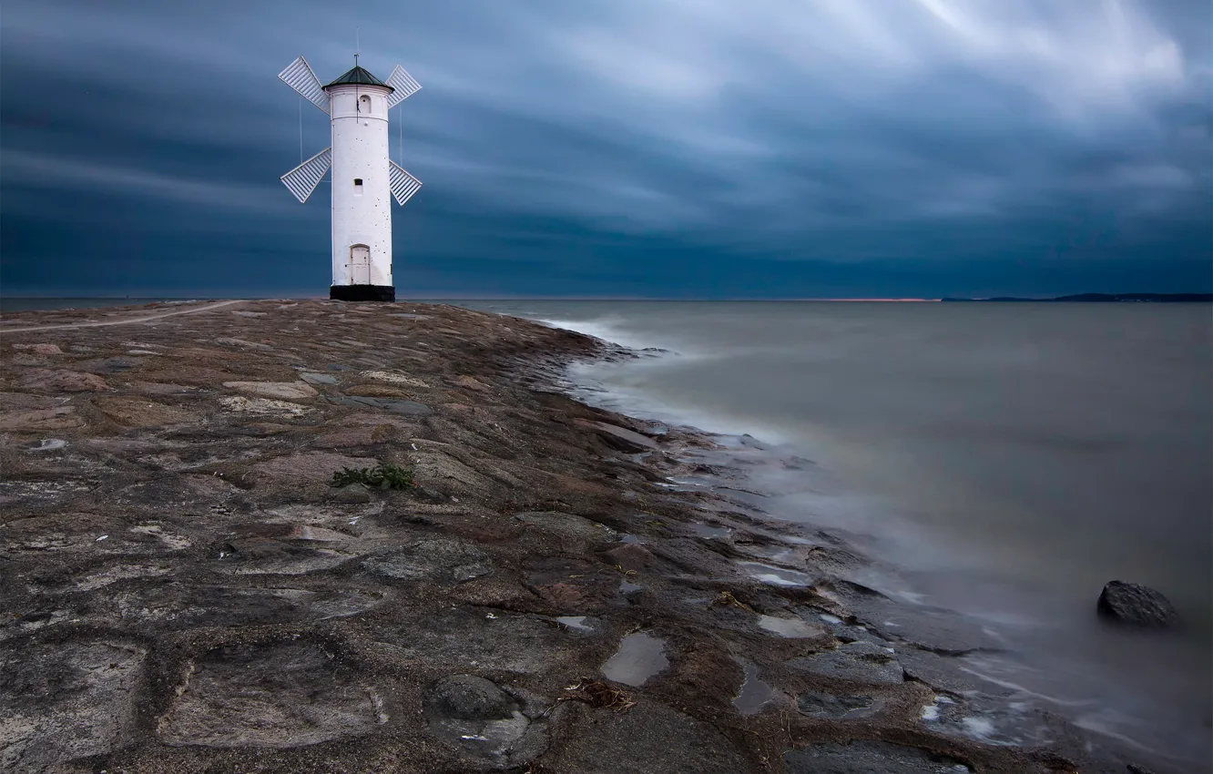 Photo wallpaper sea, shore, lighthouse, windmill