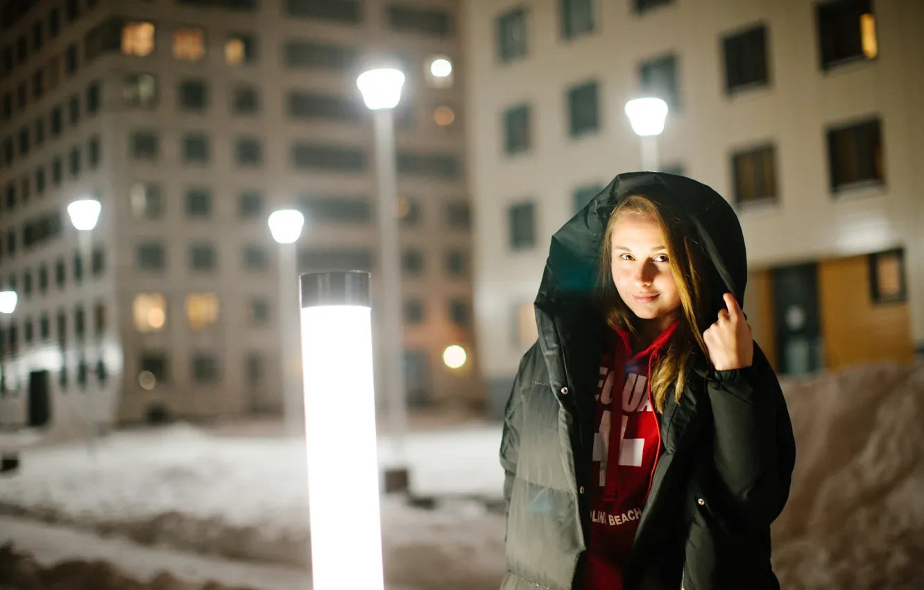 Photo wallpaper winter, look, girl, lights, the evening, Nastya