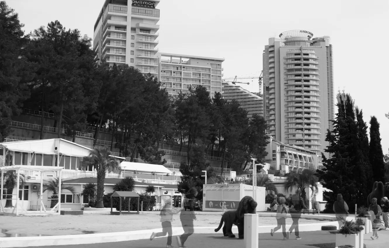 Photo wallpaper the sky, trees, the city, people, building, home, black and white, Russia