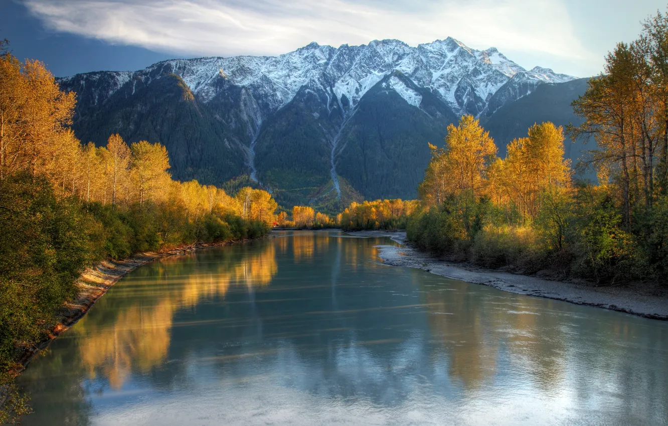 Photo wallpaper autumn, the sky, snow, trees, mountains, river