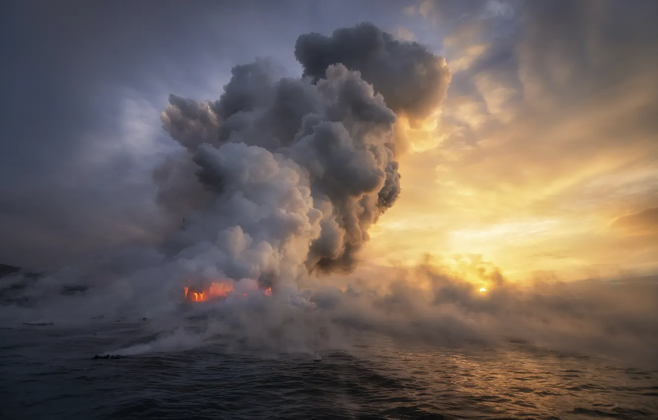 Photo wallpaper sea, the sky, clouds, sunset, lights, the volcano, the eruption, pond