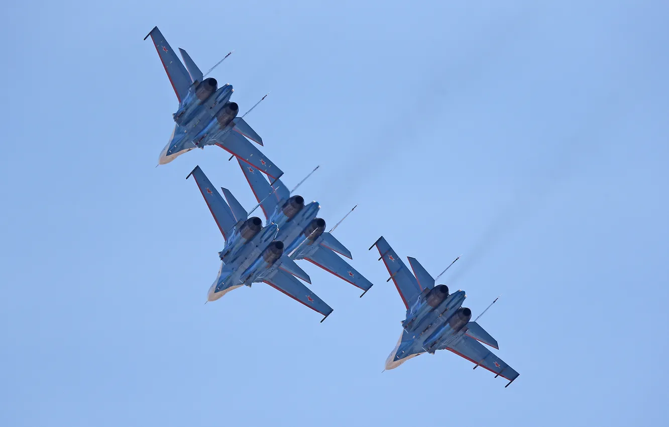 Photo wallpaper The sky, The plane, Su-27, Russian knights, Aerobatic team, Vladislav Perminov, Speech