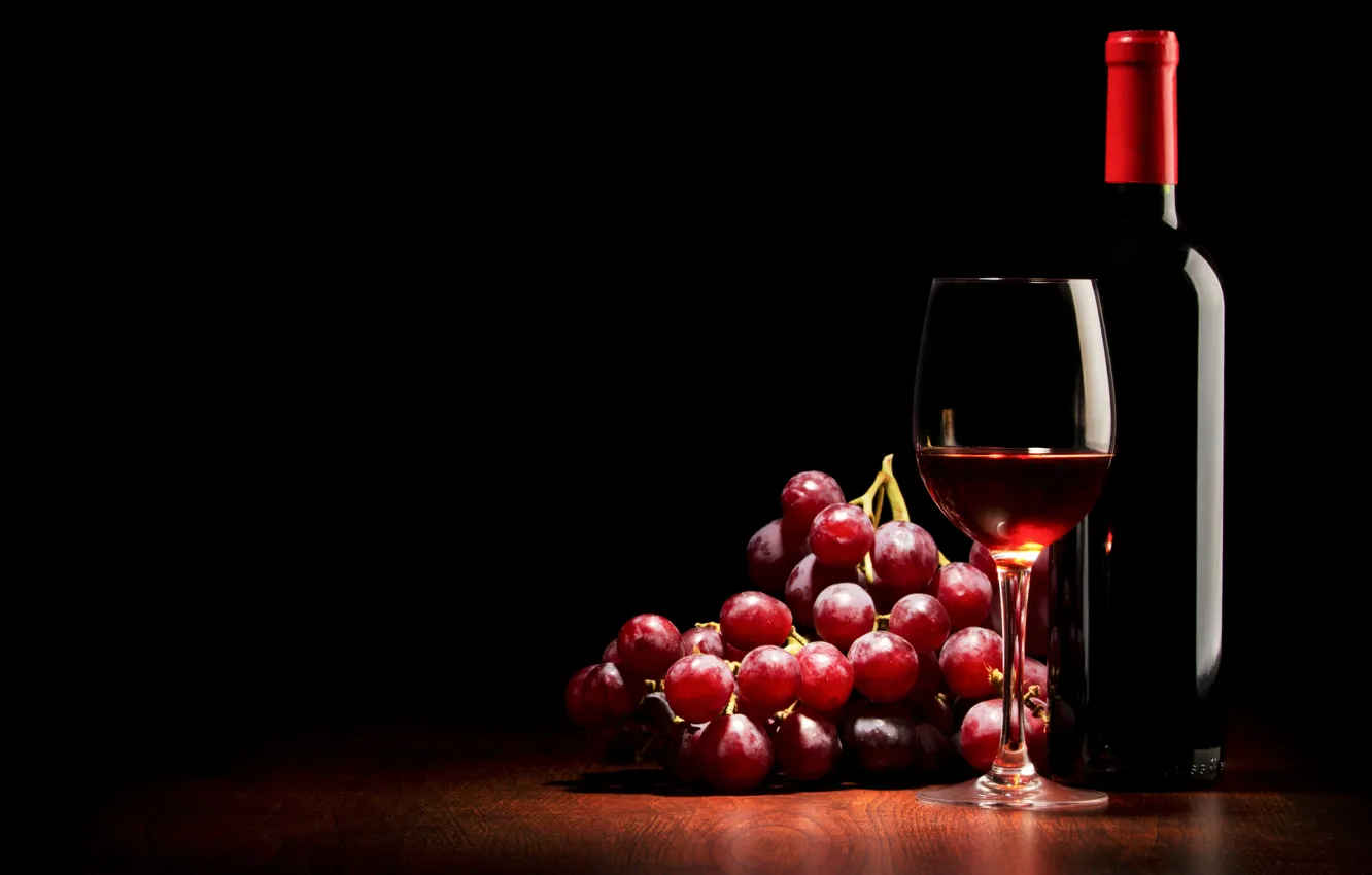 Photo wallpaper wine, red, glass, bottle, grapes, black background