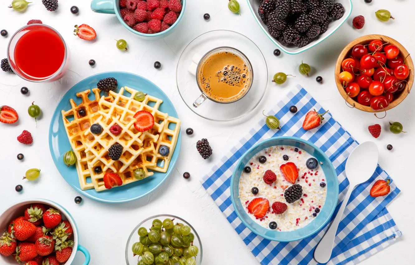 Photo wallpaper berries, coffee, Breakfast, waffles, porridge, oatmeal