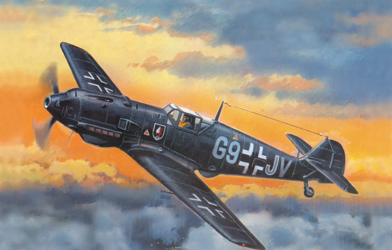 Photo wallpaper the sky, figure, fighter, art, Messerschmitt, German, WW2, Bf - 109E4