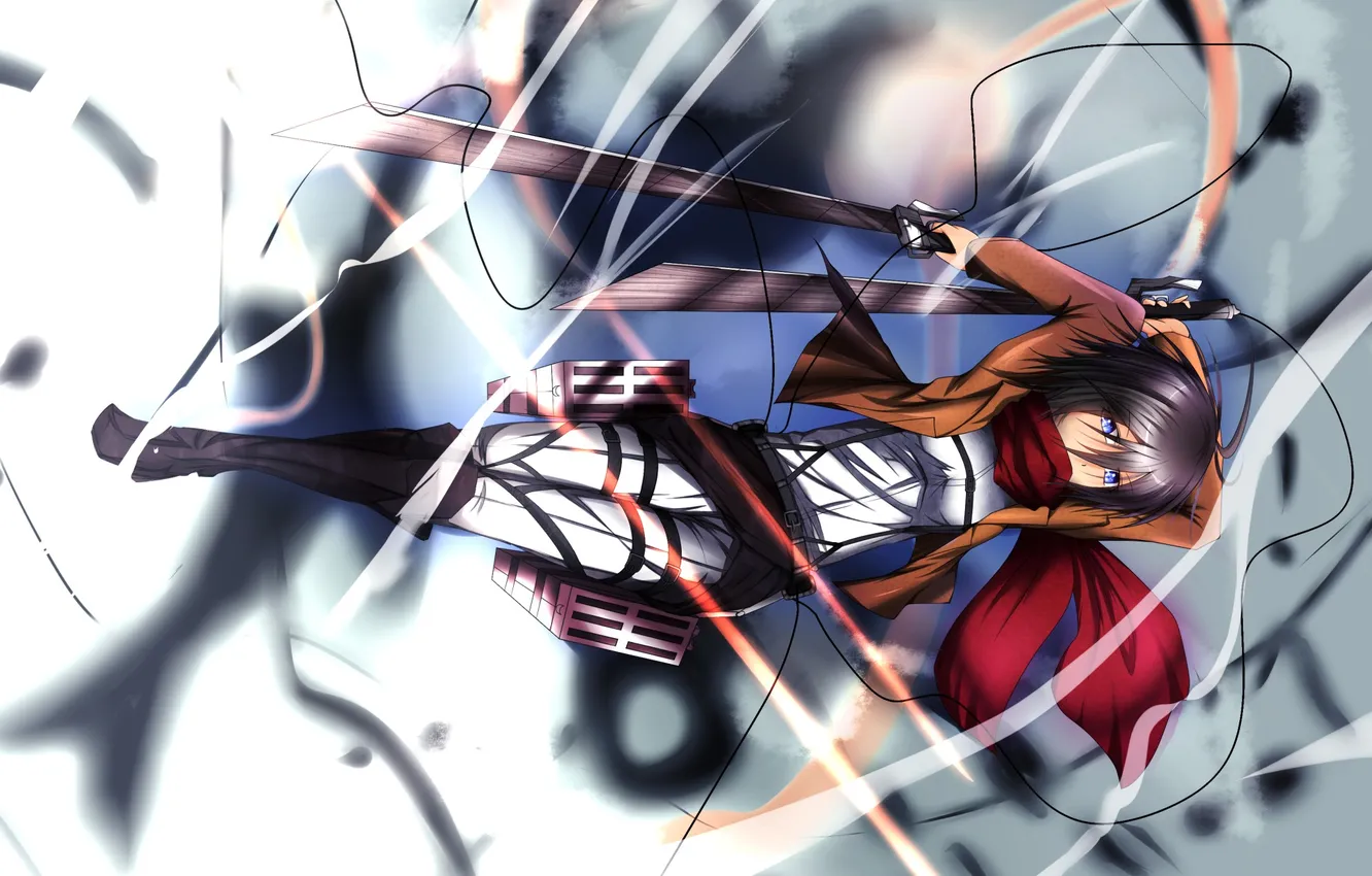 Photo wallpaper girl, flight, smoke, destruction, gesture, the cable, art, blade